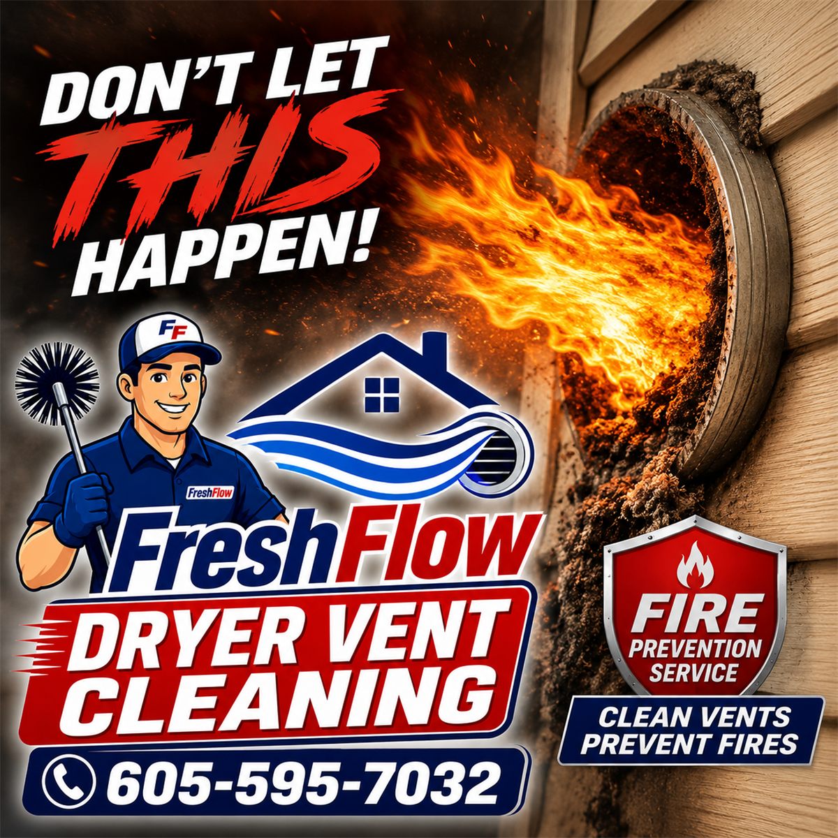 A clogged dryer vent catching fire — the danger FreshFlow helps prevent